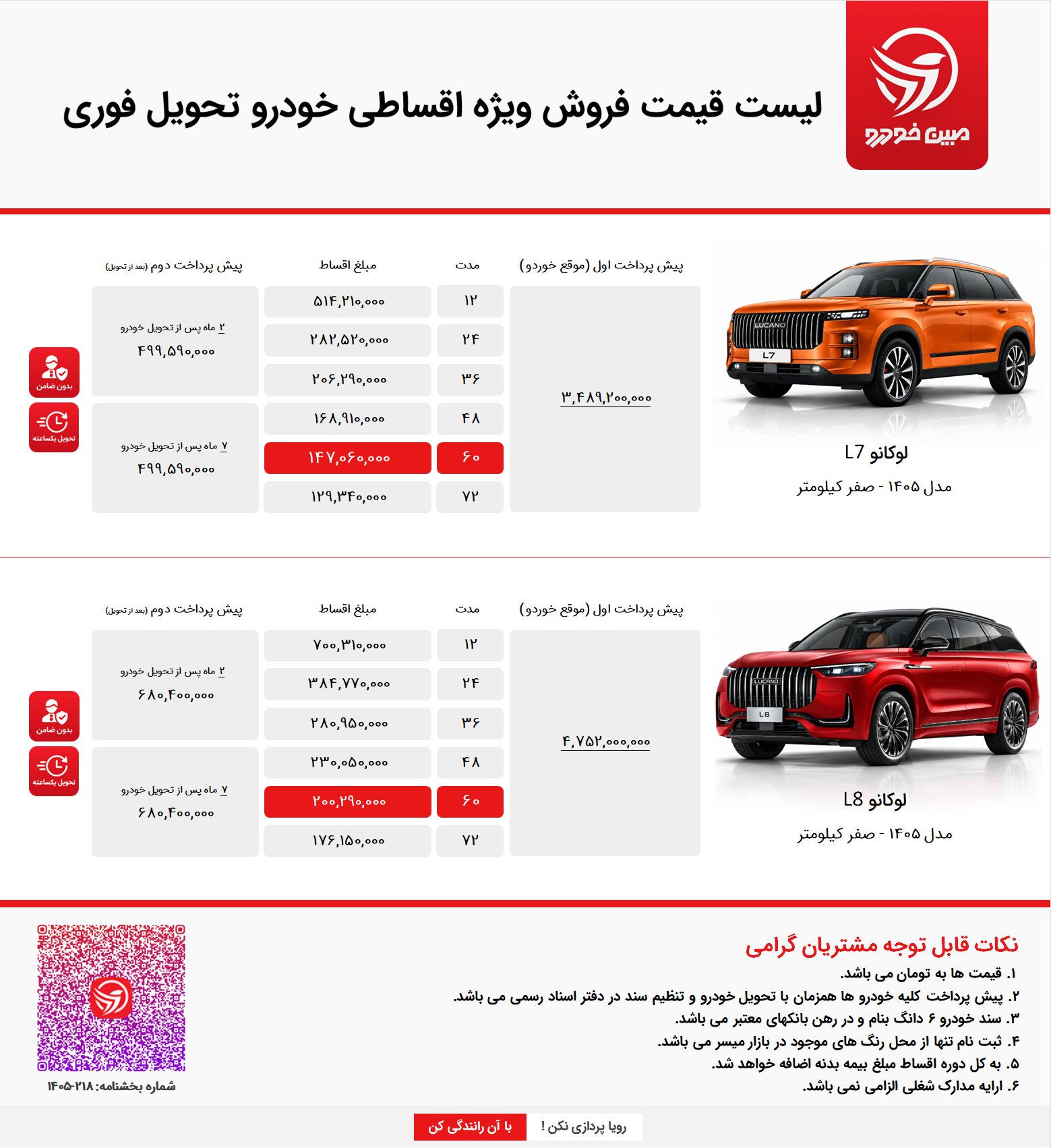 فروش اقساطی لوکانو l7 و L8
